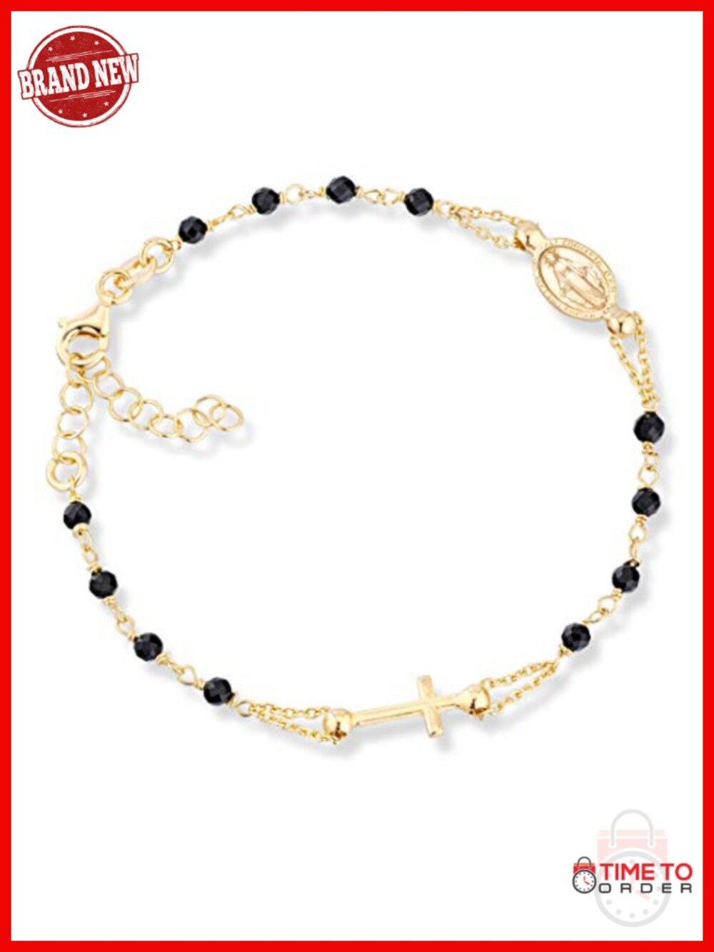 18K Gold Plated 925 Sterling Silver Italian Natural Black Spinel Rosary Cross